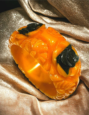 Carved Golden Amber Bakelite with Inset Green Roses Wide Bracelet