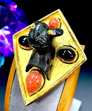 Diane Love for Crown Trifari Bronze Leopard & Gripoix Cabochon Shield Brooch
