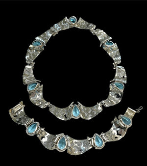 Parisian by Marcel Boucher Sterling & Aqua Rhinestone Necklace and Bracelet Set