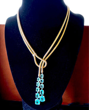 1940s Trifari Vermeil Sterling Double Snake Chain Rhinestone Lariat Necklace