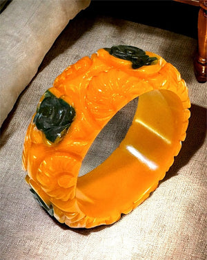 Carved Golden Amber Bakelite with Inset Green Roses Wide Bracelet