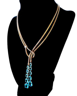 1940s Trifari Vermeil Sterling Double Snake Chain Rhinestone Lariat Necklace