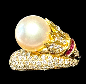 Designer CB 18K Pavé Diamond, Ruby & Pearl Bypass Ring
