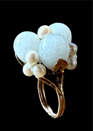 Ming’s of Honolulu Jade & Pearl Floral Ring