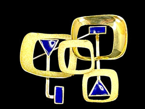 Artisan 18K Gold & Blue Enamel Modernist Brooch