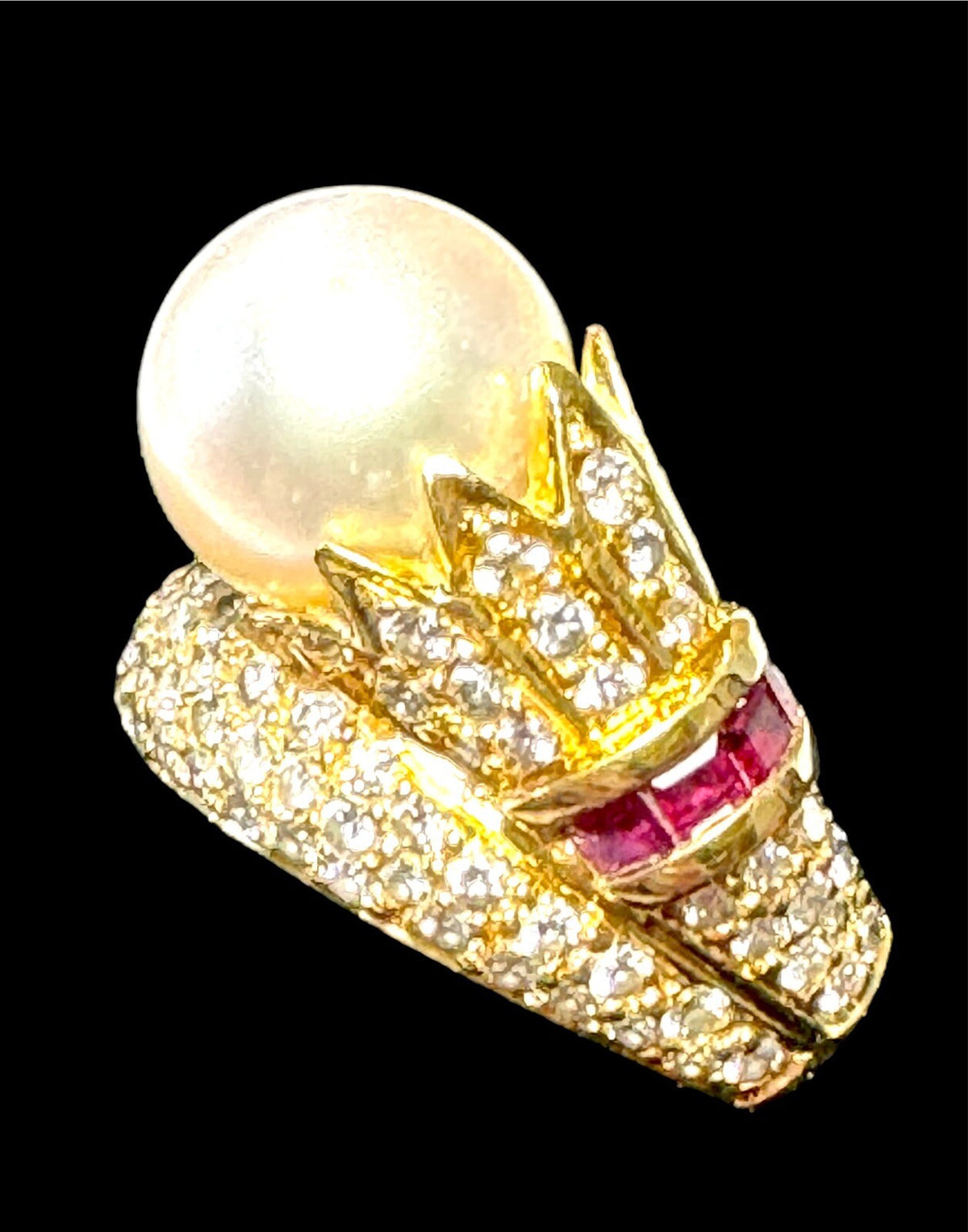 Designer CB 18K Pavé Diamond, Ruby & Pearl Bypass Ring