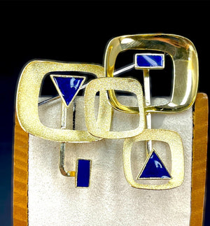 Artisan 18K Gold & Blue Enamel Modernist Brooch