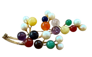 Ming’s of Honolulu Multicolor Jade & Pearl Brooch
