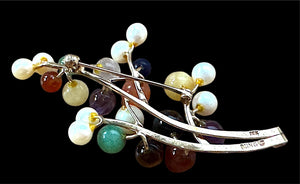 Ming’s of Honolulu Multicolor Jade & Pearl Brooch