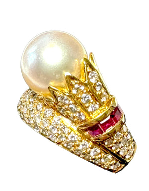 Designer CB 18K Pavé Diamond, Ruby & Pearl Bypass Ring