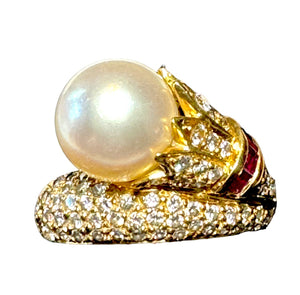 Designer CB 18K Pavé Diamond, Ruby & Pearl Bypass Ring