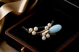 Ming’s of Honolulu Pearl & Jade Floral Brooch
