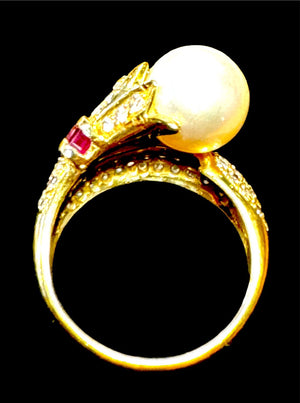 Designer CB 18K Pavé Diamond, Ruby & Pearl Bypass Ring