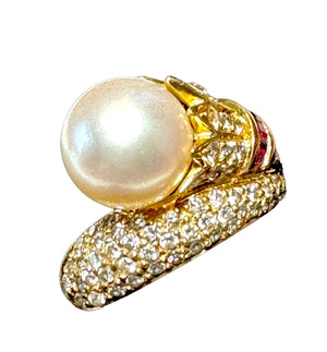Designer CB 18K Pavé Diamond, Ruby & Pearl Bypass Ring
