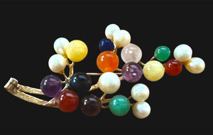 Ming’s of Honolulu Multicolor Jade & Pearl Brooch