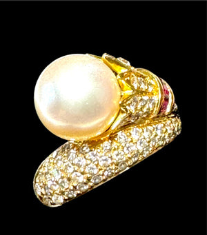 Designer CB 18K Pavé Diamond, Ruby & Pearl Bypass Ring