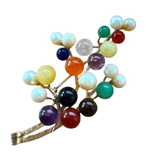 Ming’s of Honolulu Multicolor Jade & Pearl Brooch