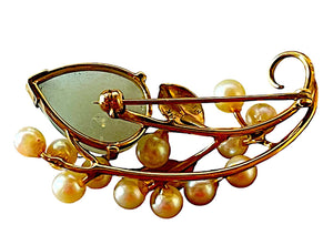 Ming’s of Honolulu Jade & Pearl Floral Brooch