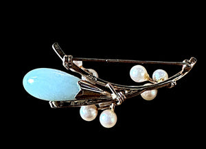 Ming’s of Honolulu Pearl & Jade Floral Brooch