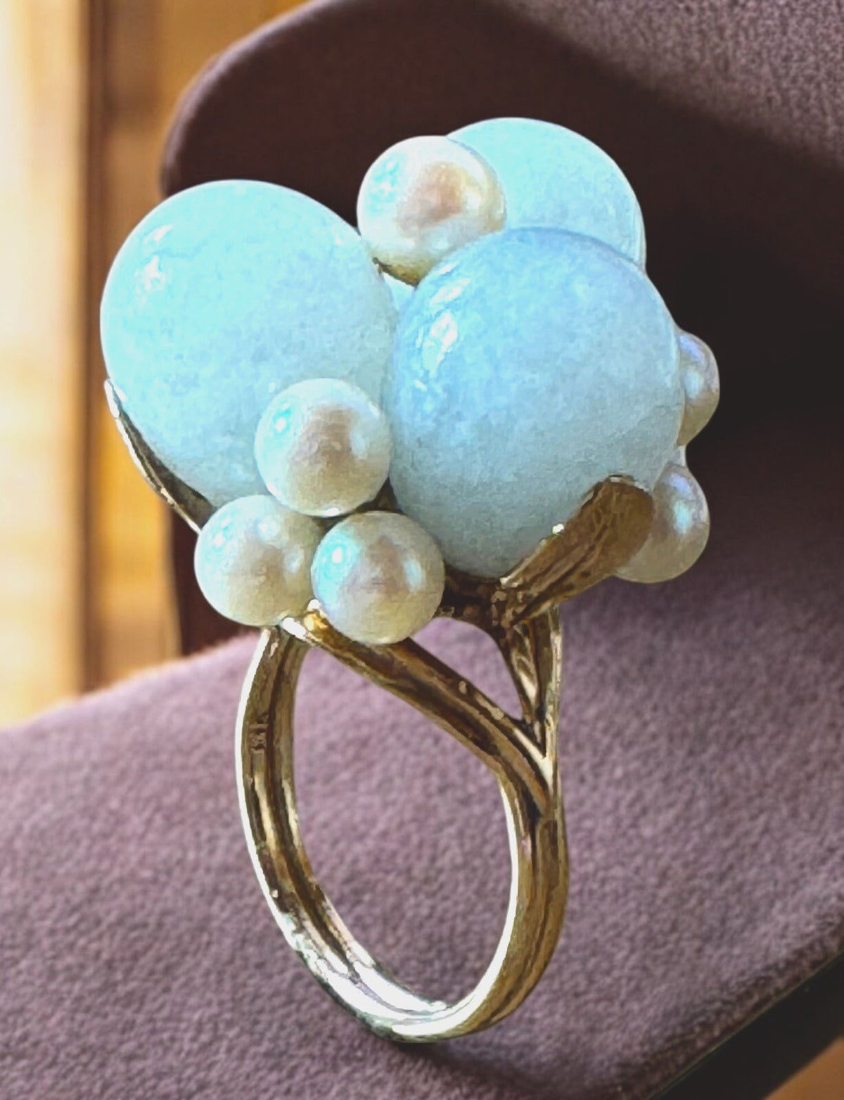 Ming’s of Honolulu Jade & Pearl Floral Ring
