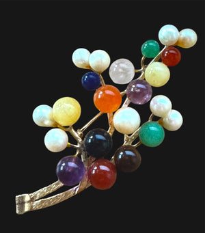 Ming’s of Honolulu Multicolor Jade & Pearl Brooch