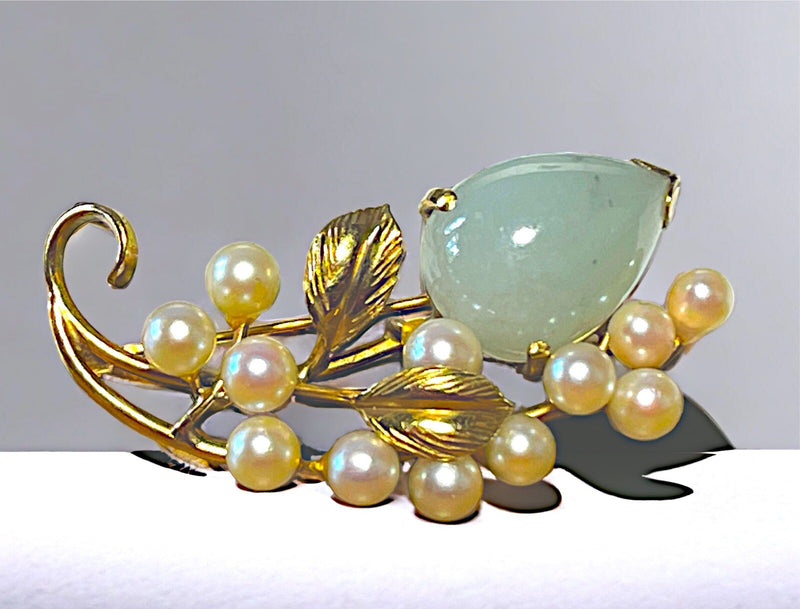 Ming’s of Honolulu Jade & Pearl Floral Brooch