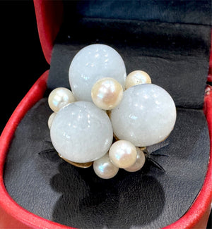 Ming’s of Honolulu Jade & Pearl Floral Ring