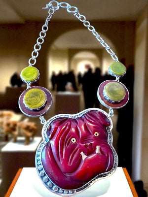 Sally Bass Carved Bakelite Bulldog Pendant on 925 Sterling Silver Chain