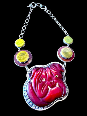 Sally Bass Carved Bakelite Bulldog Pendant on 925 Sterling Silver Chain