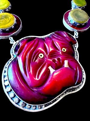 Sally Bass Carved Bakelite Bulldog Pendant on 925 Sterling Silver Chain
