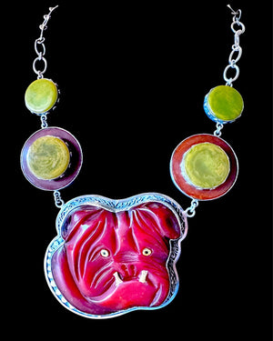 Sally Bass Carved Bakelite Bulldog Pendant on 925 Sterling Silver Chain
