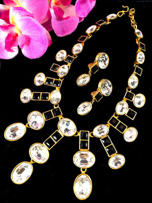 Monet Swarovski Crystal & Black Rhinestone Bib Necklace and Earrings Set