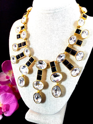 Monet Swarovski Crystal & Black Rhinestone Bib Necklace and Earrings Set